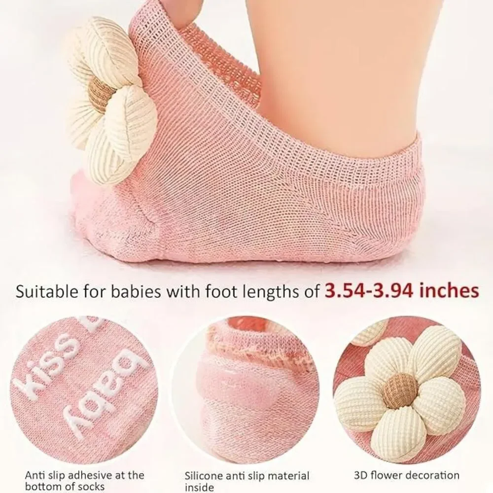 KEAINVRN 4Packs Baby Girls Socks,Flower Non-Slip Grips 0-6 Months, Multicolor